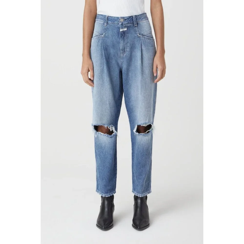 🆕 CLOSED Pearl High Rise Distressed Tapered Denim Jeans Blue 31 - Picture 3 of 16